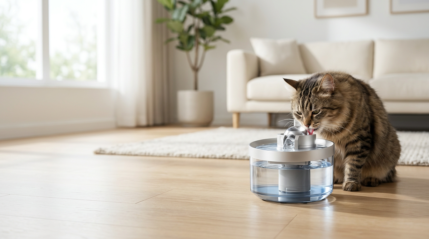 A tabby cat drinking fresh, flowing water from the cordless Meowsy smart fountain in a bright, sunlit living room