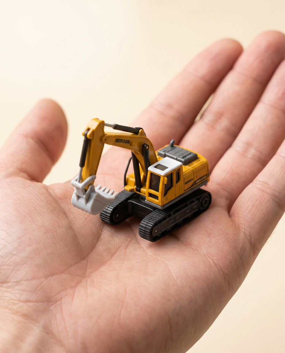 Mini RC excavator sitting in the palm of an adult's hand to show its 1:64 scale