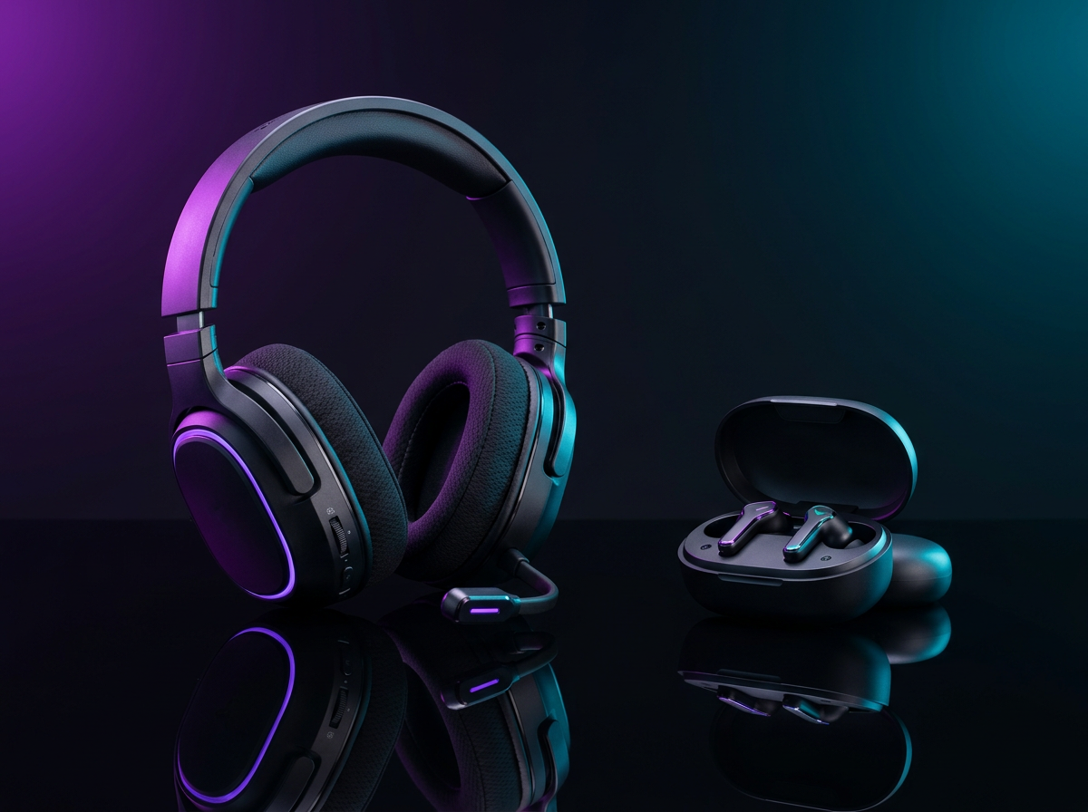 Wireless gaming headset and earbuds on a reflective surface
