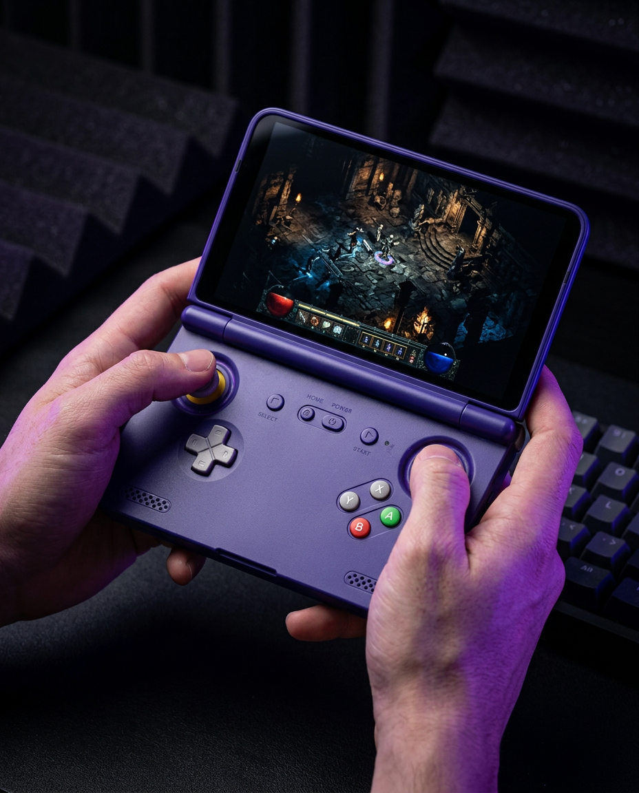 A gamer's hands holding a glowing handheld console in a dark room