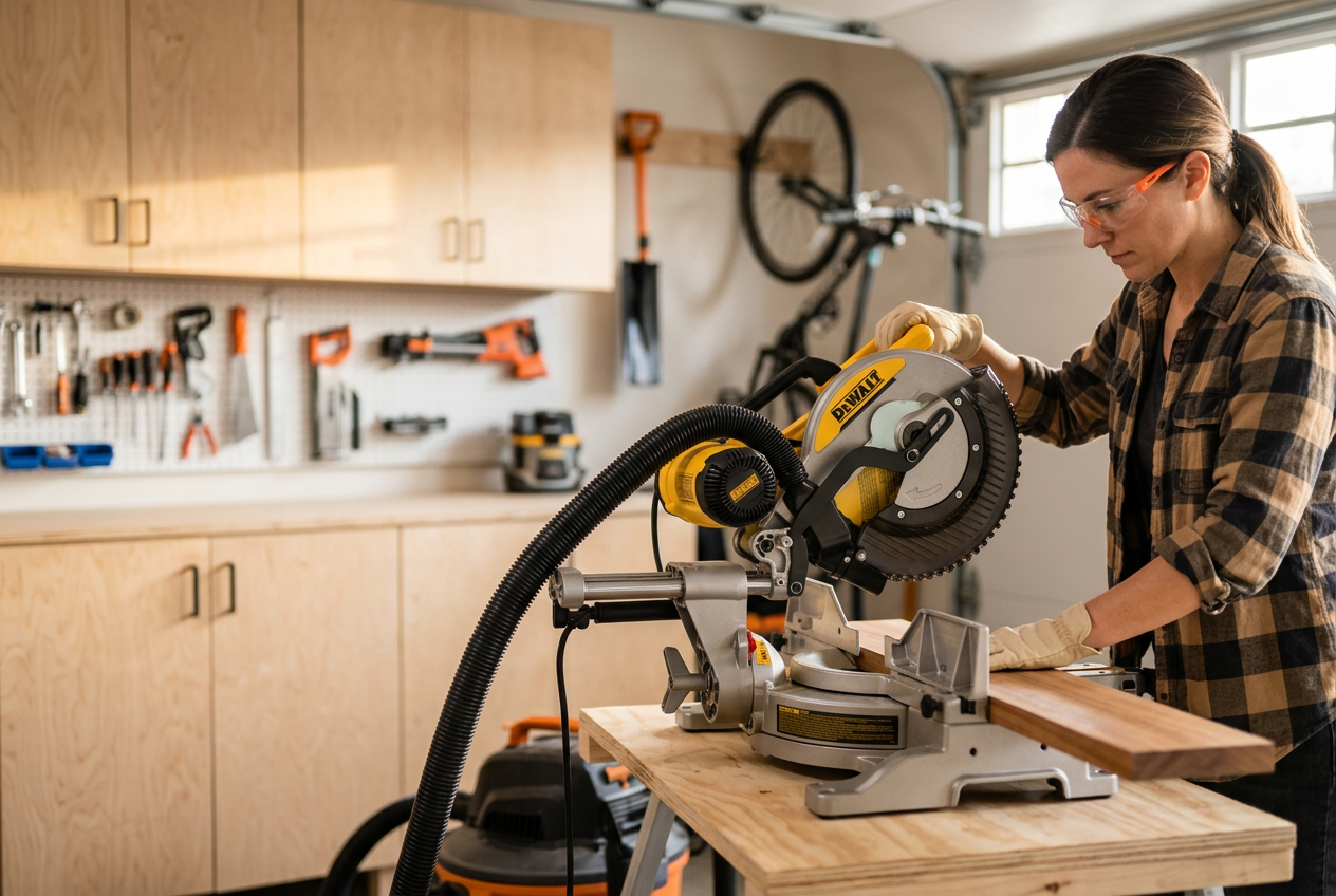 Woodworker cutting on a DeWalt miter saw fitted with a Shop Nation dust chute