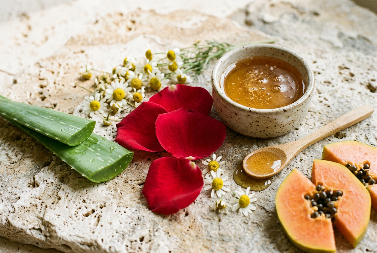 Rose petals, aloe vera, chamomile, papaya and honey arranged on natural stone
