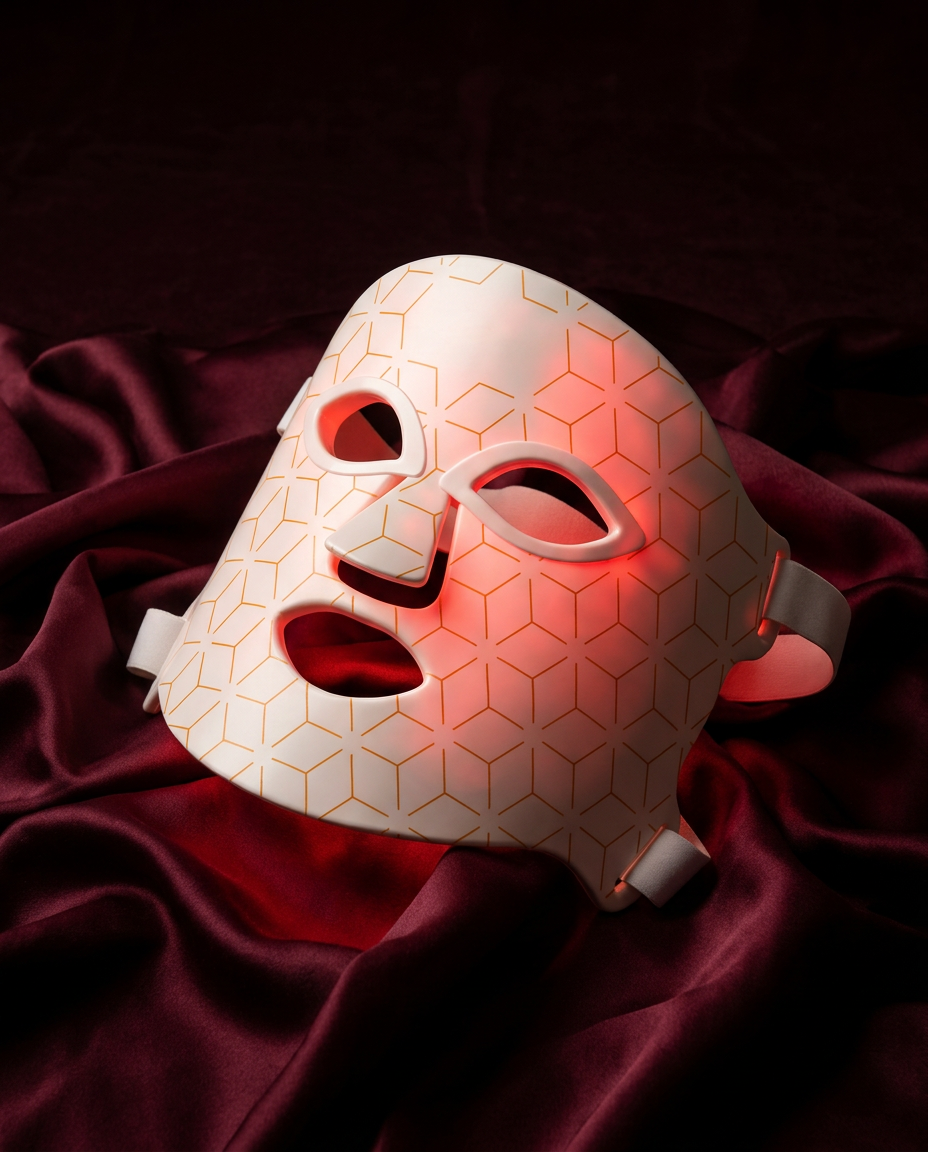 The Opalienne mask glowing softly red on burgundy silk