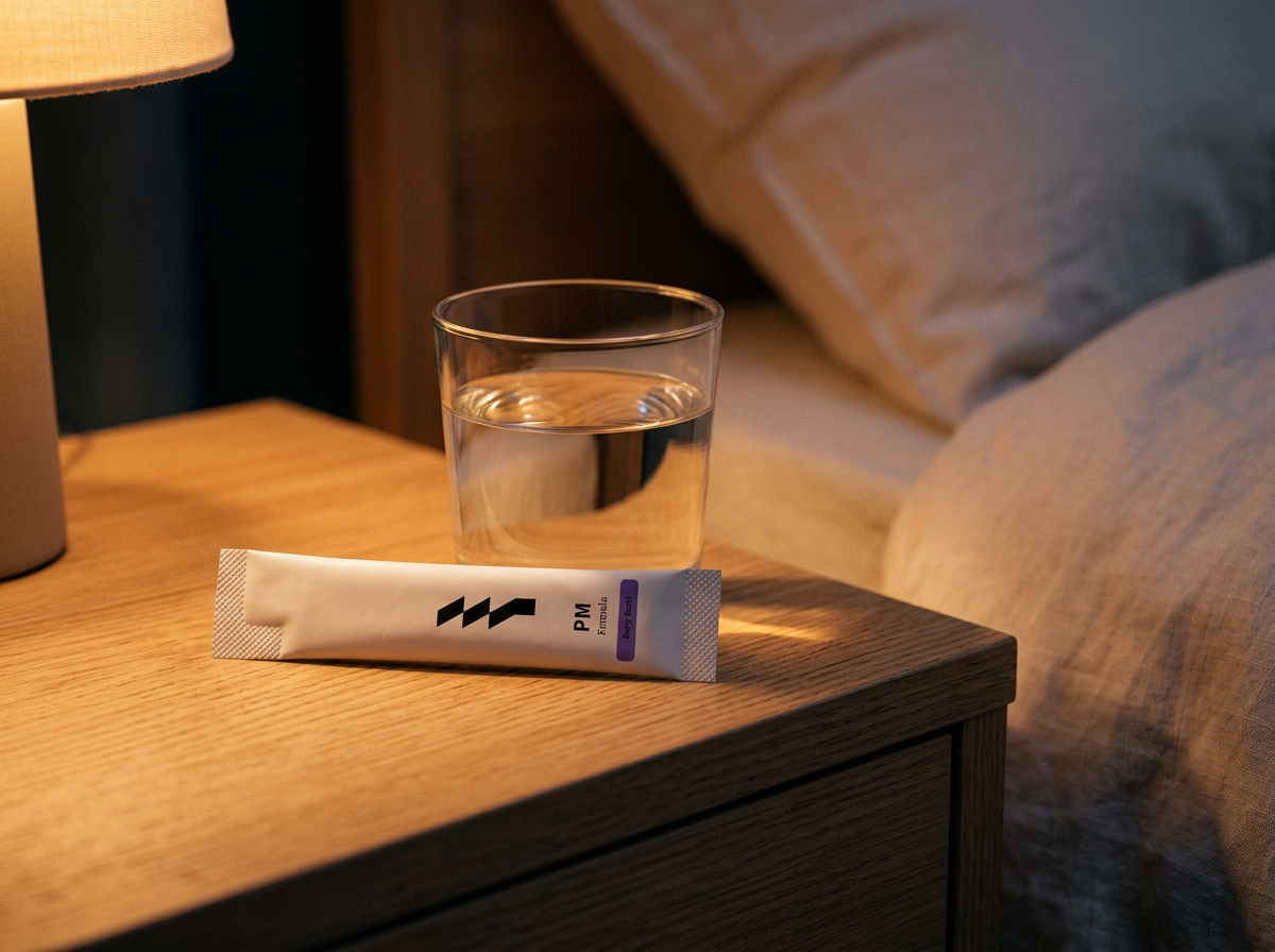 ONYU PM Formula stick pack on a bedside table next to a glass of water