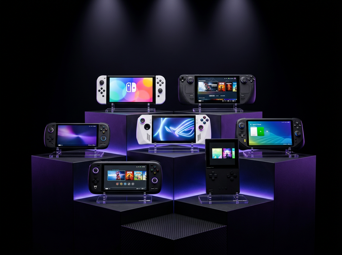Handheld consoles showcased on a spotlit display pedestal