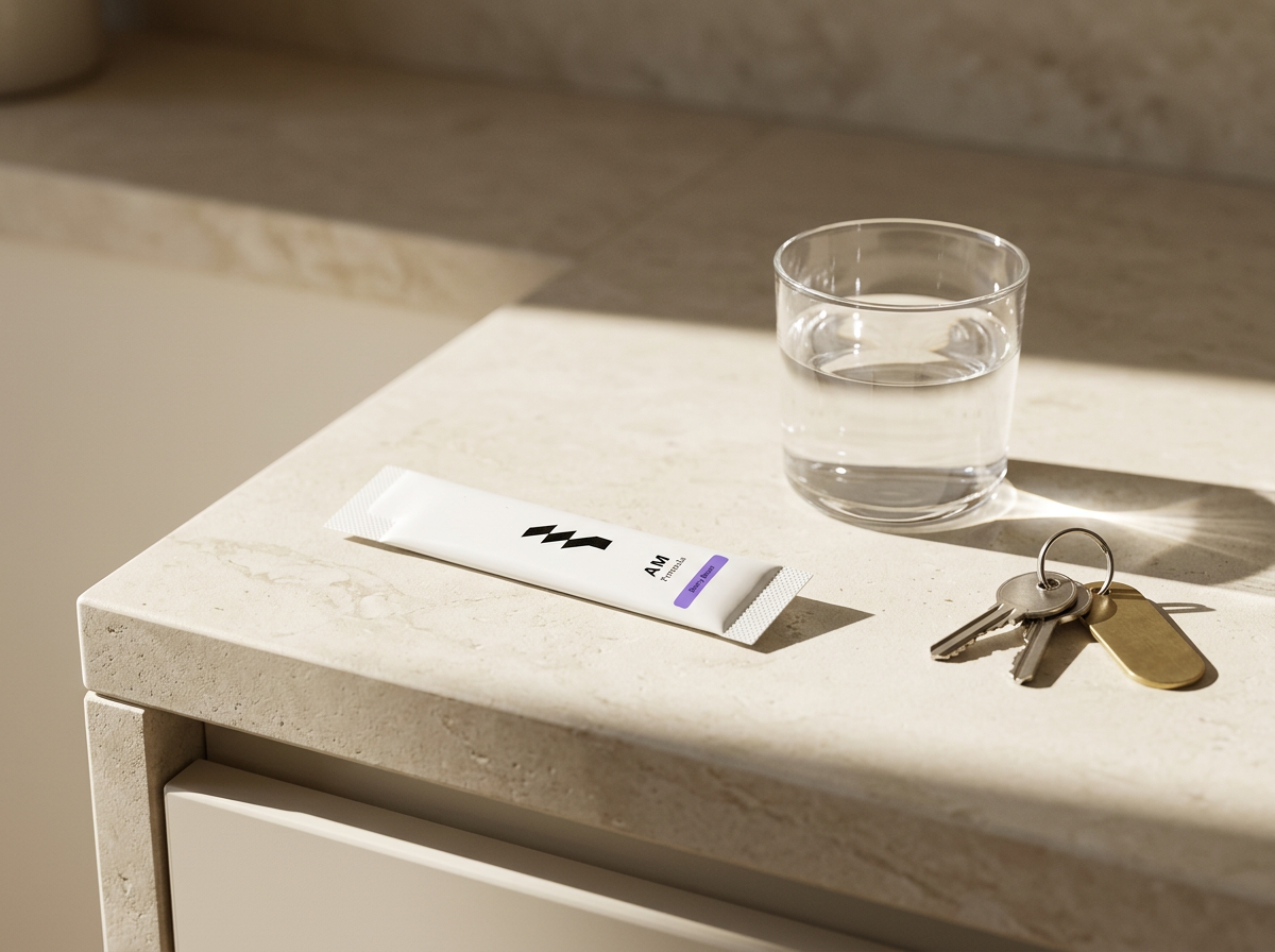 ONYU AM Formula stick pack on a kitchen counter in morning sunlight