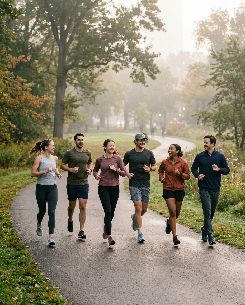 Run club jogging through a misty park at dawn