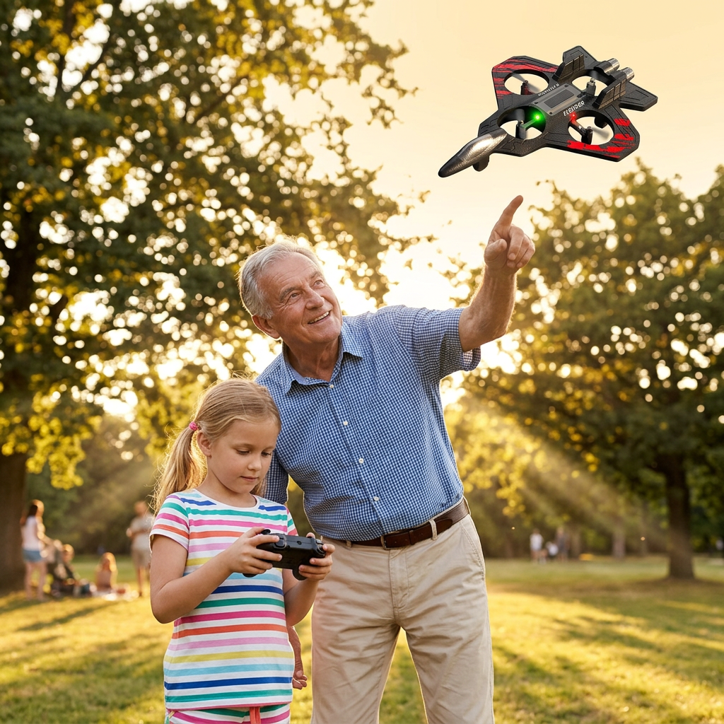 Grandfather and granddaughter flying the stunt jet in a sunny park