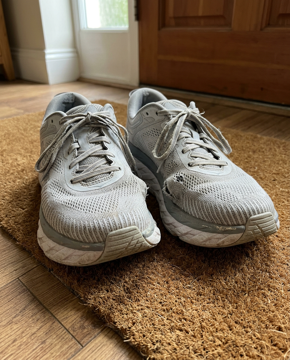 Worn-out grey mesh walking sneakers with the upper stretched and torn at the big toe joint