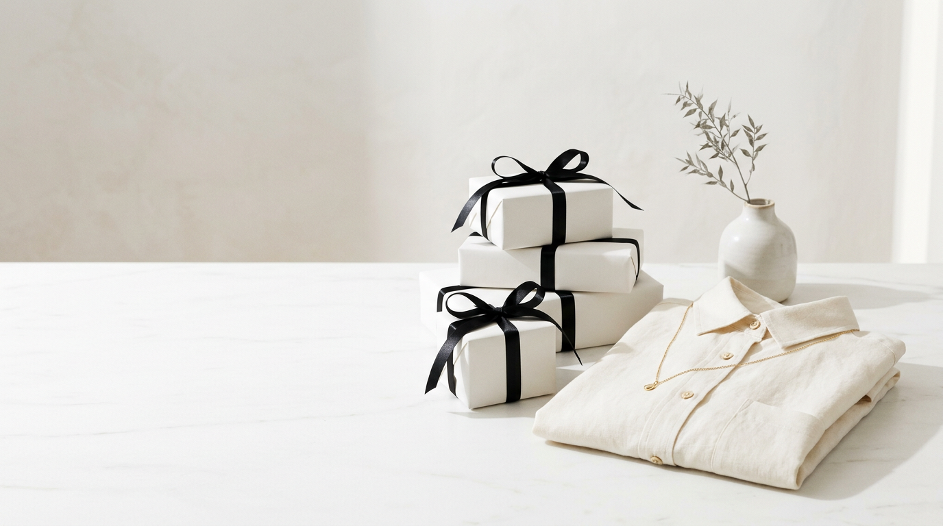 White gift boxes with black ribbons, a linen shirt and a gold necklace on a white table