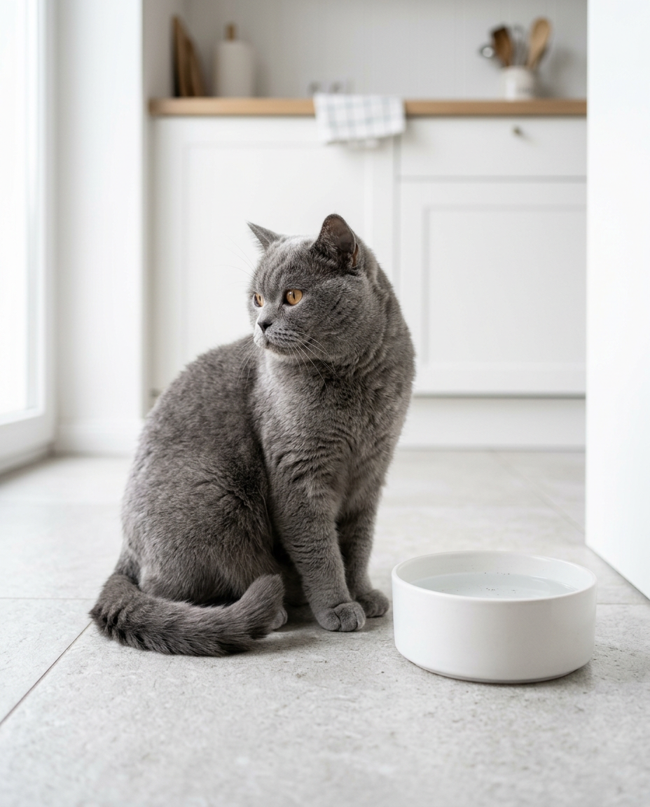 A gray cat sitting beside a still bowl of water, looking away from it
