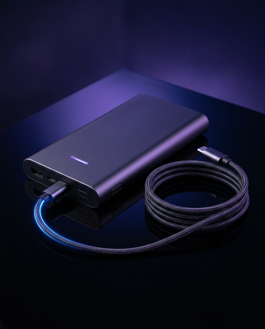 Graphite power bank and braided USB-C cable glowing blue