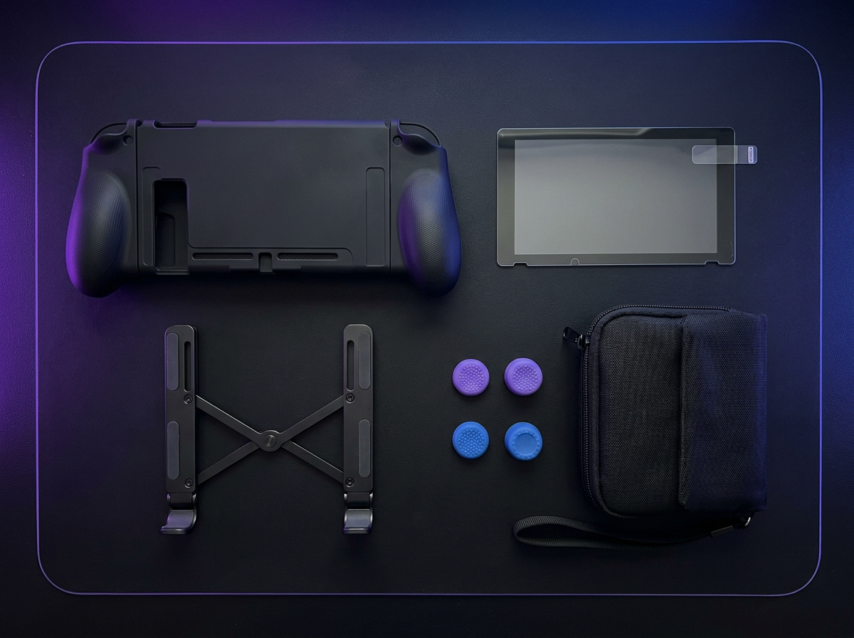 Handheld accessories including grips, screen protector, stand and pouch