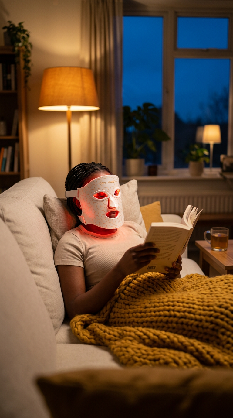 Woman reading on the sofa under a knit blanket while wearing the Opalienne mask