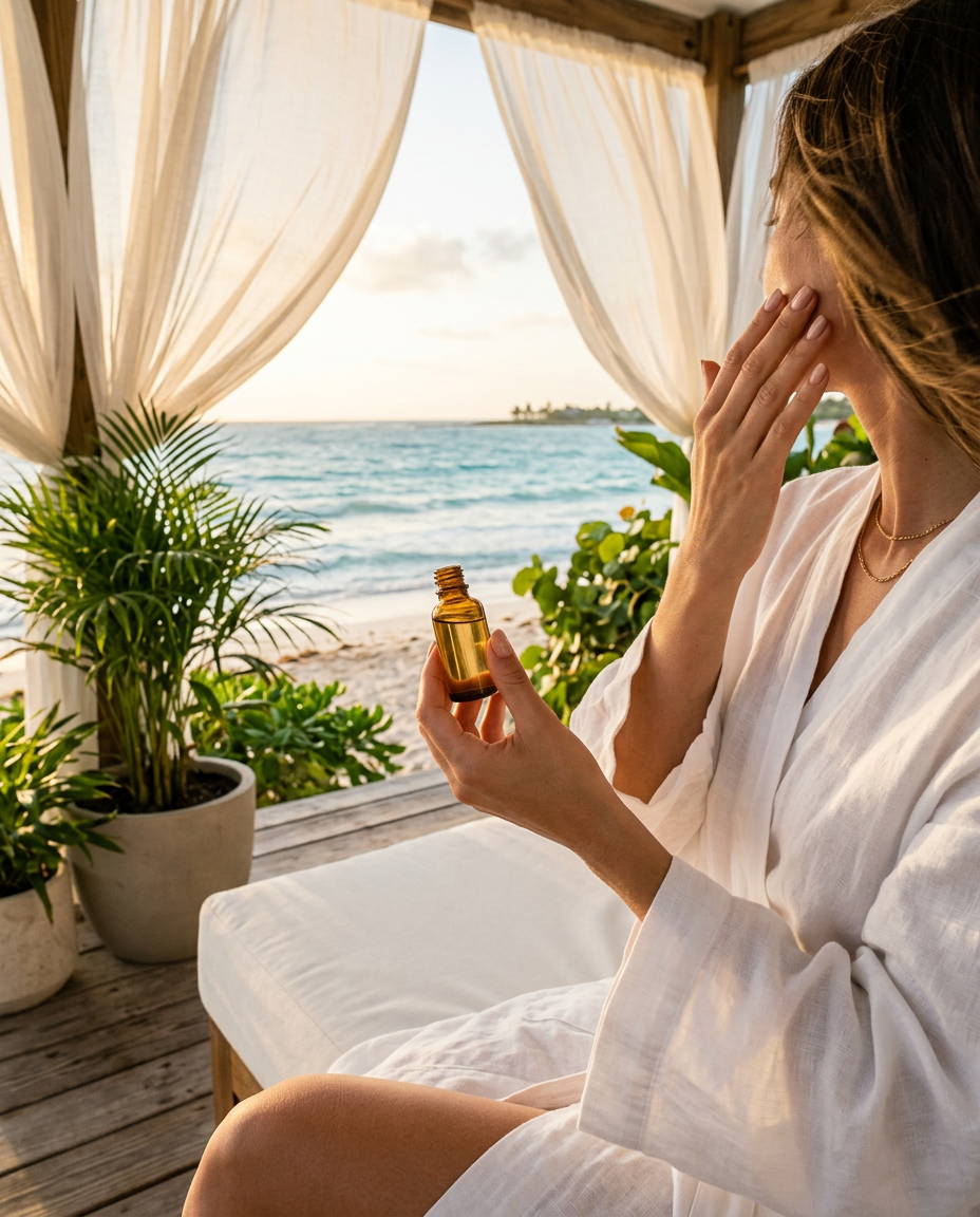 Hands applying face oil in a breezy beachside cabana with sheer white curtains and the ocean beyond