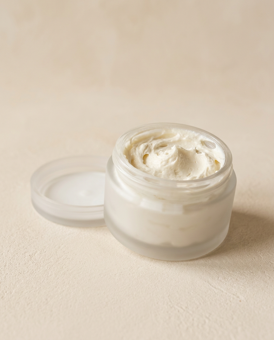 Open jar of Avryne cloud body butter with whipped texture