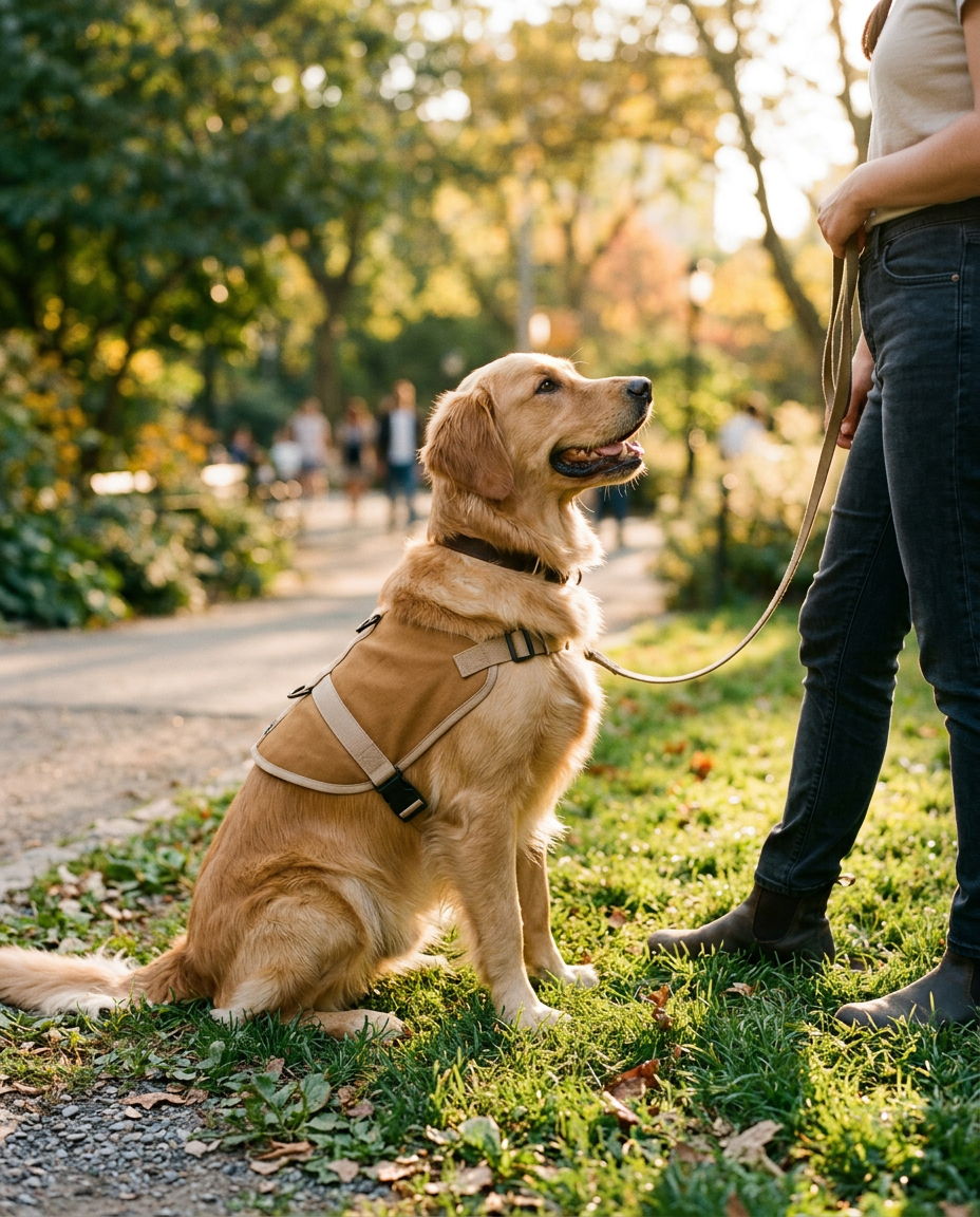Golden retriever in a service-dog training vest sitting beside its trainer at golden hour