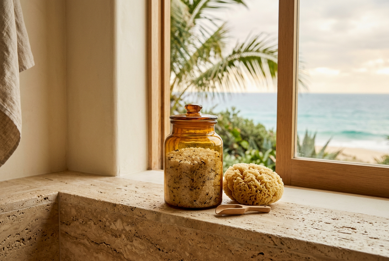 Amber glass jar and natural sea sponge on a travertine bath ledge with palm leaves in soft beach light