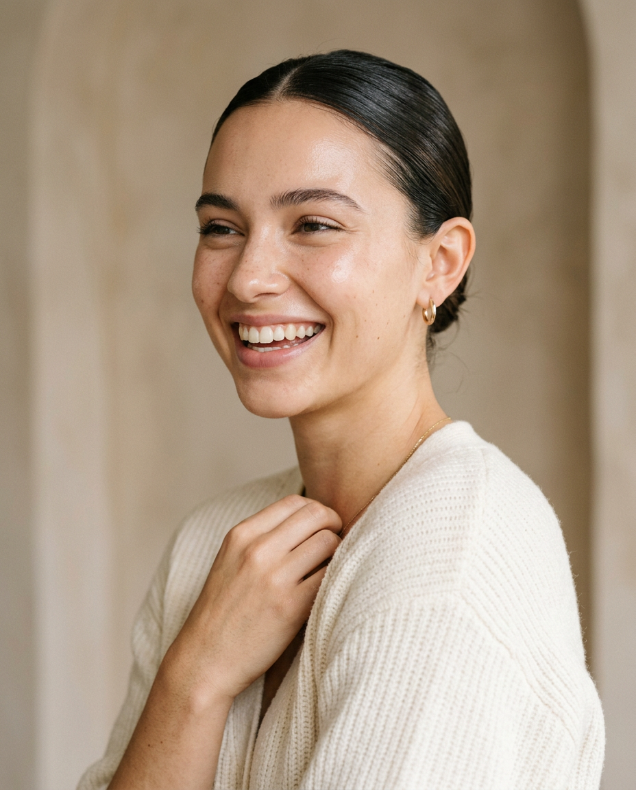 Smiling woman with fresh glowing skin in a cream knit top
