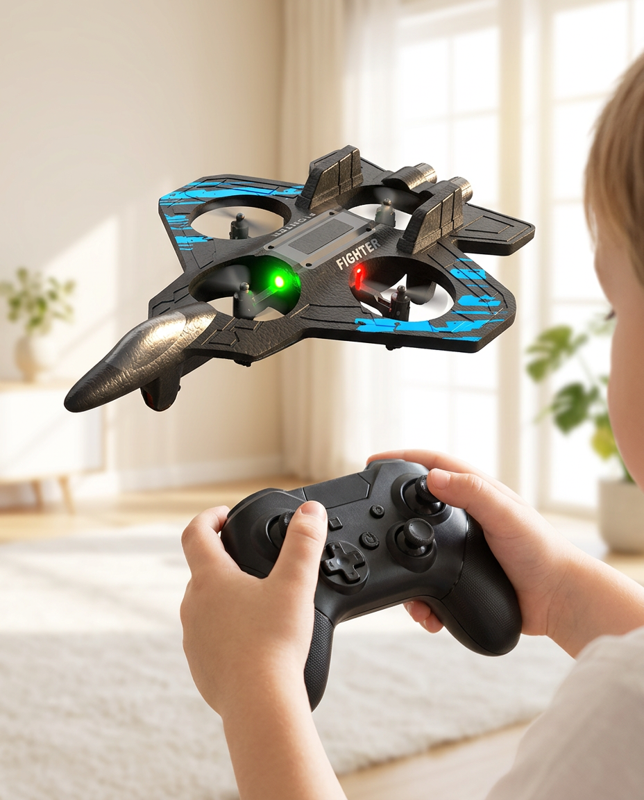 A child's hands on the two-stick remote while the blue stunt jet hovers above