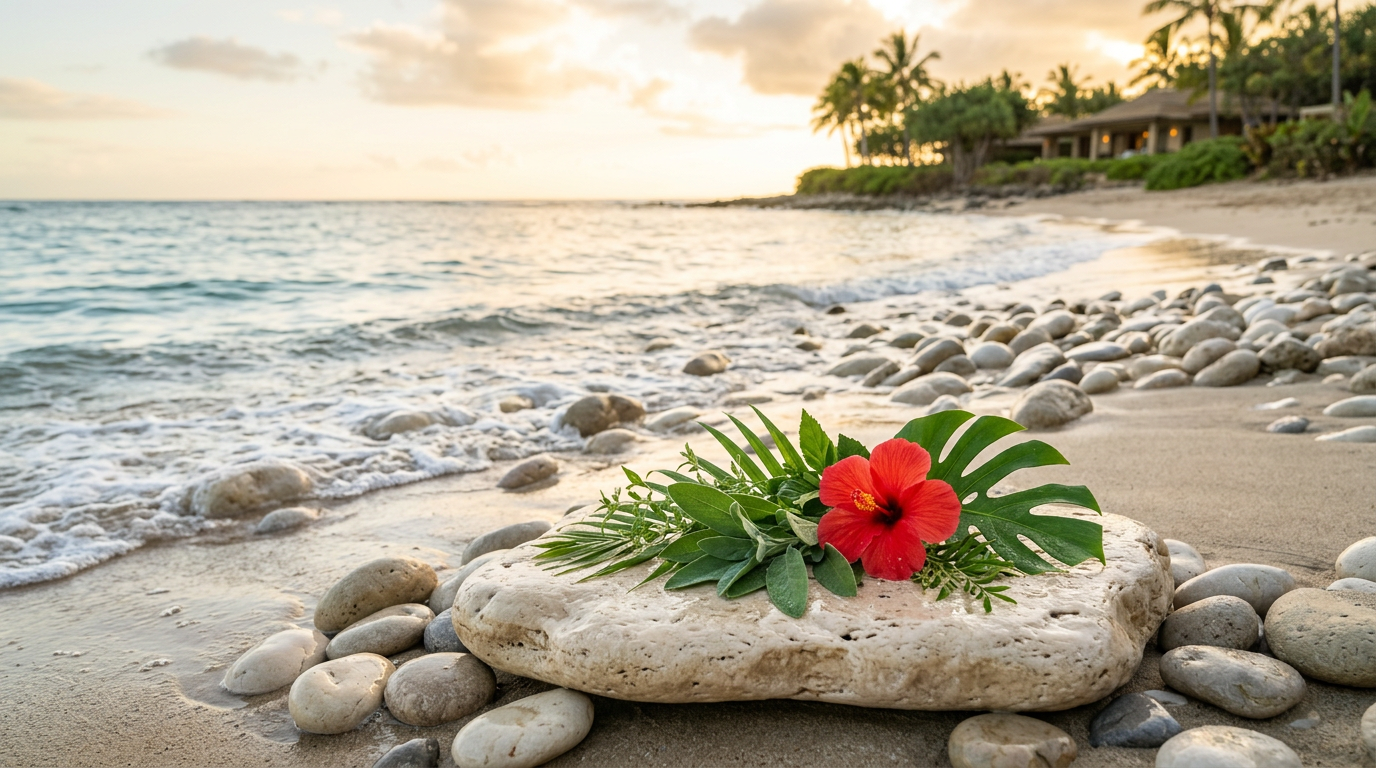 Gentle ocean waves washing over smooth stones, with green leaves and a red hibiscus resting on travertine