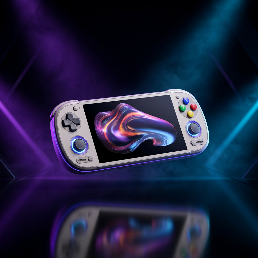 Retroid Pocket 6 handheld console glowing under violet and blue studio lights