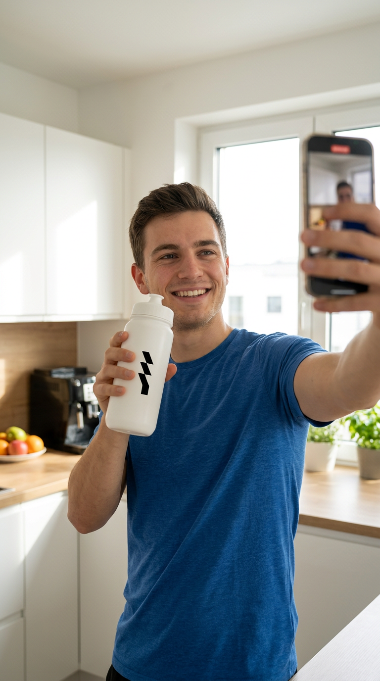 ONYU member holding his ONYU bottle in the kitchen