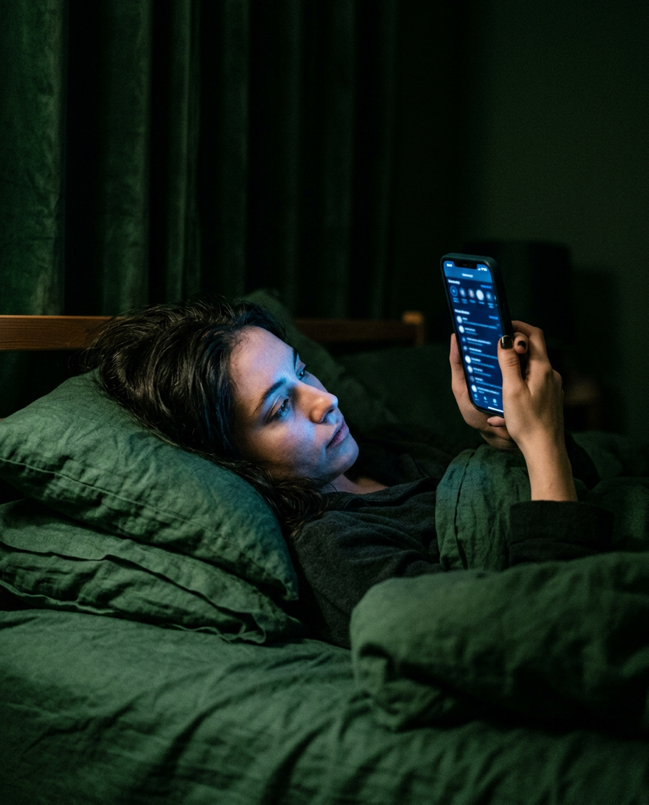 Person lit by a phone screen in bed at night