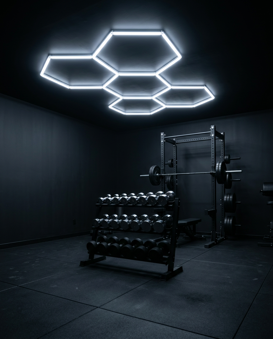 Home gym lit by a grouped five-hexagon LED grid