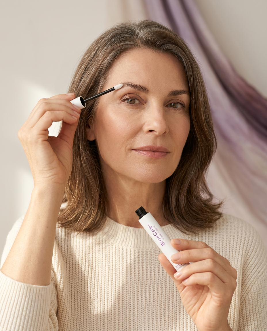 Woman in her fifties brushing BrowCare+ serum through her eyebrow