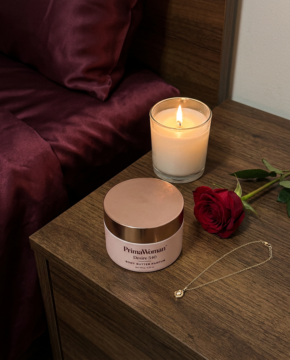 Body butter jar on a bedside table with a rose and candle