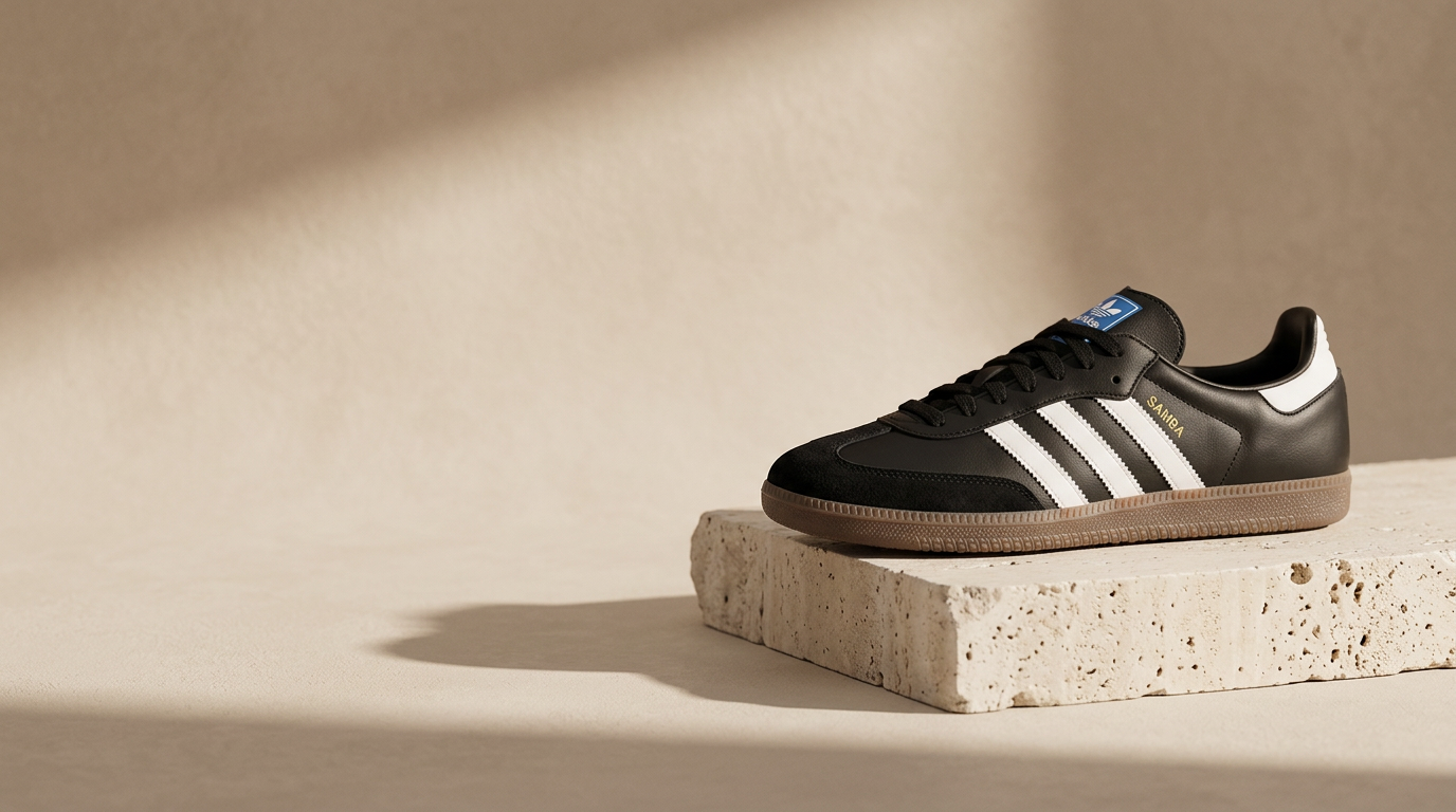 Sneaker negra Core Black OG sobre un bloque de travertino