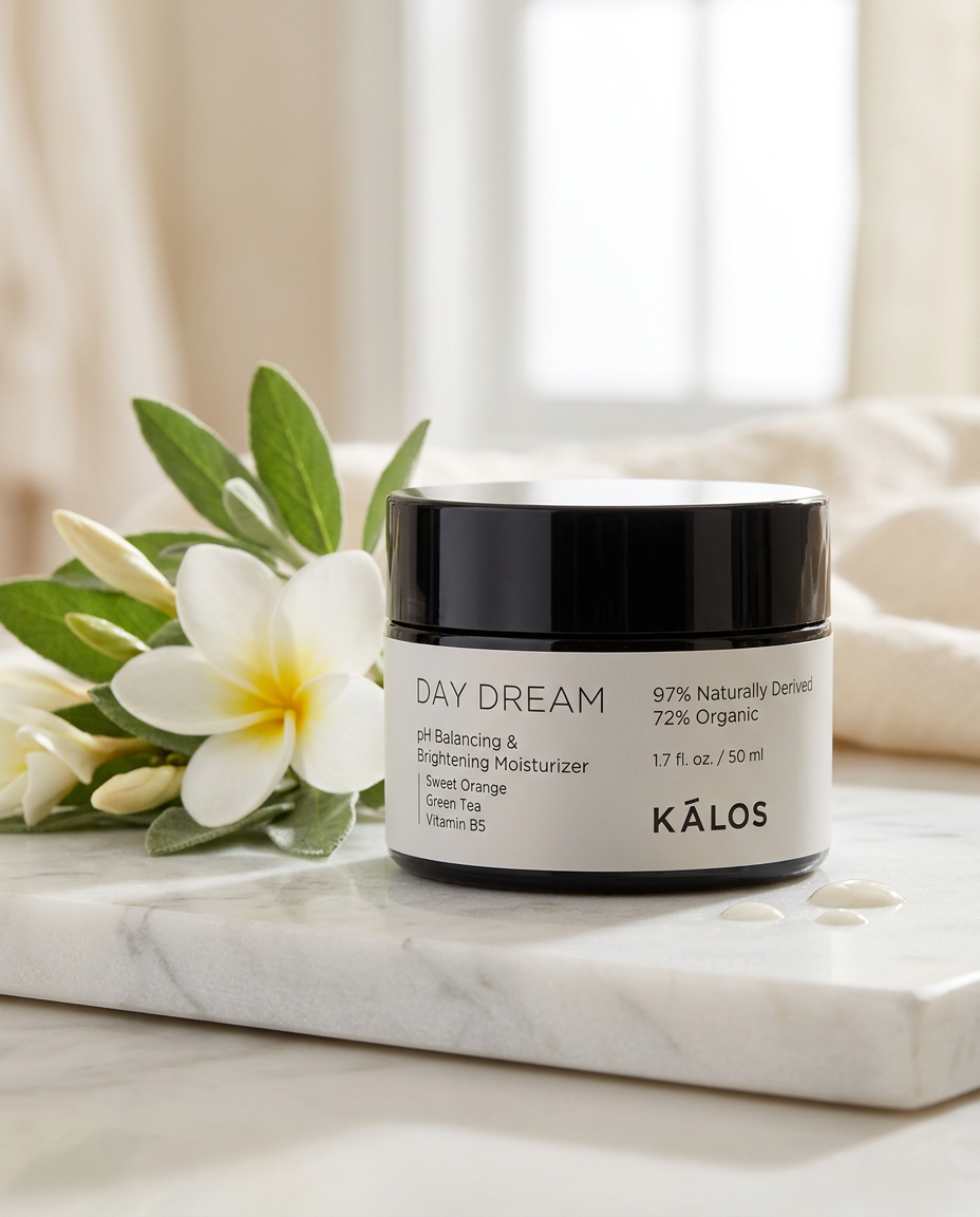 Kálos Day Dream moisturizer on white marble with frangipani flowers