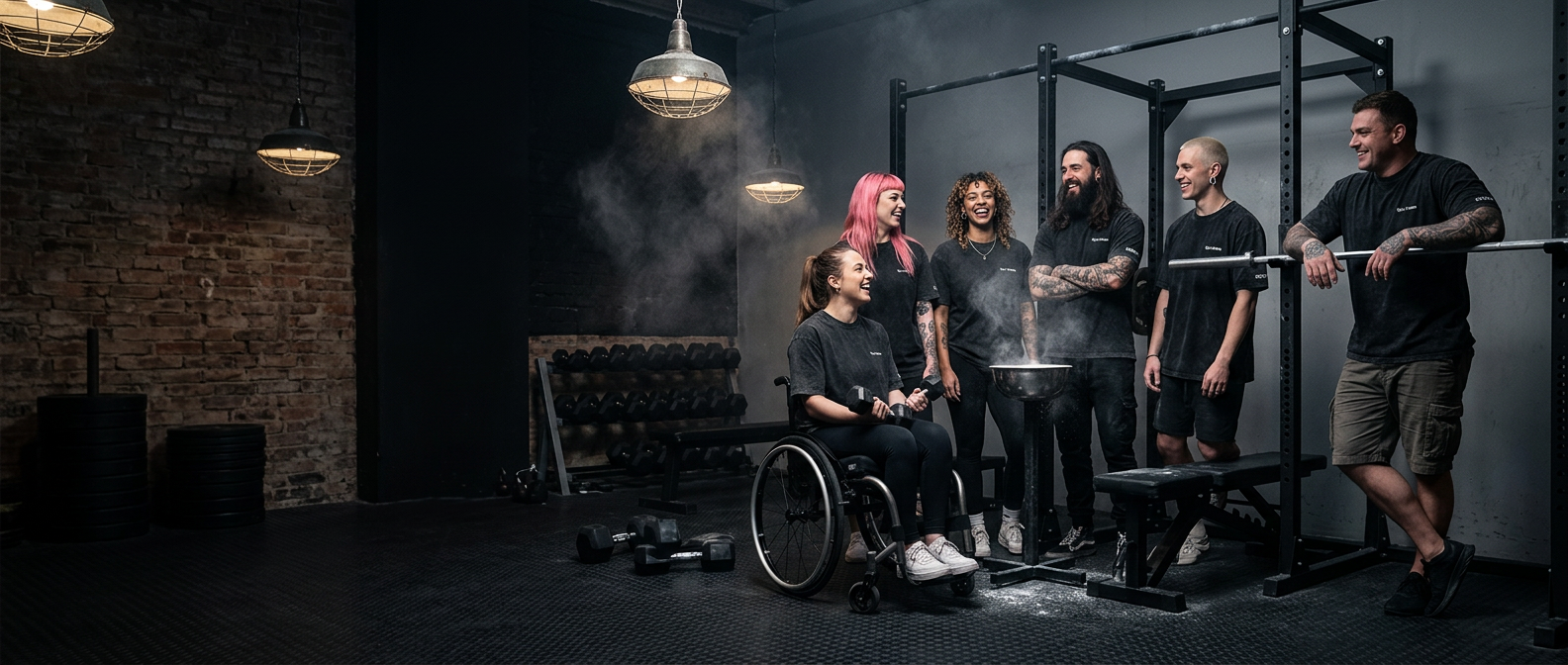 Mixed crew of alternative women and men, including a woman in a wheelchair holding a dumbbell, laughing together in an industrial gym wearing OddBods oversized tees