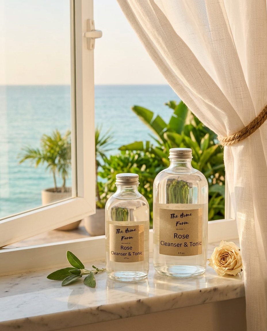 The Home Farm Rose Cleanser & Tonic bottles on a marble window ledge overlooking the ocean, surrounded by greenery