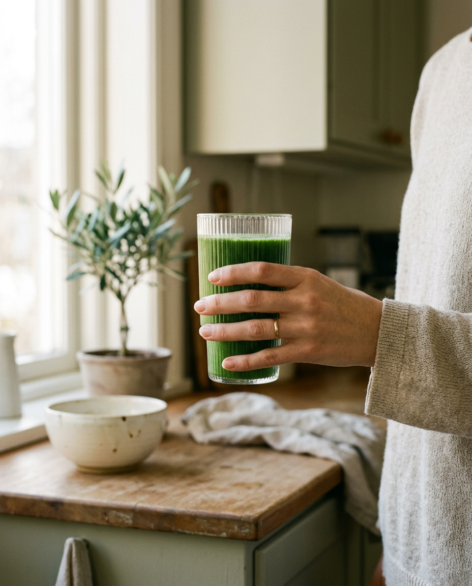 Een hand met een glas fris groen voedingsdrankje in een lichte keuken