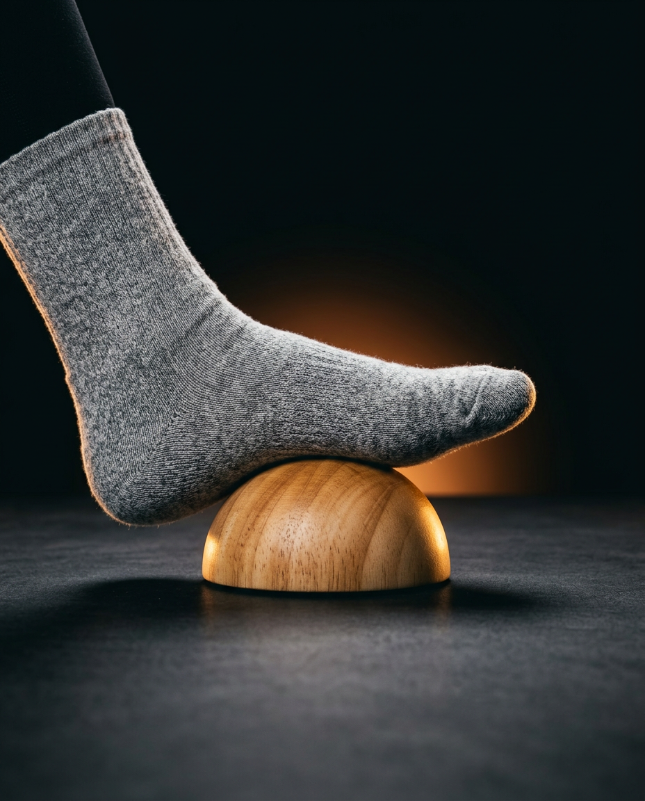 Foot in a grey sock pressing its arch into a birch Half Dome, lit by a warm glow