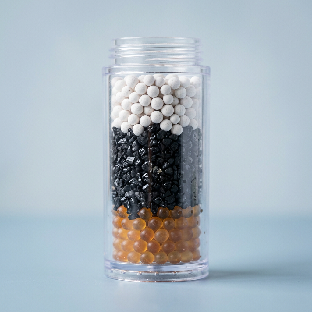 Close-up of the multi-stage filter cartridge with ceramic, carbon and mineral beads
