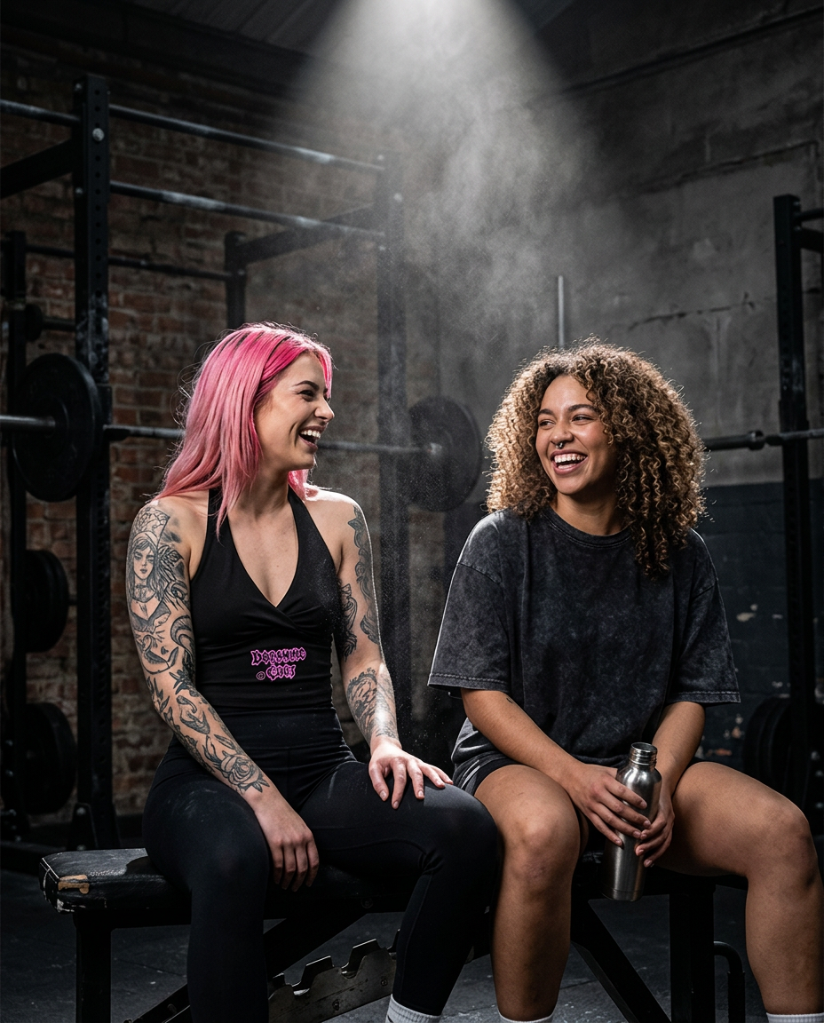Two alternative women laughing on a gym bench, one in the Dopamine Cult halter top, one in an oversized OddBods tee