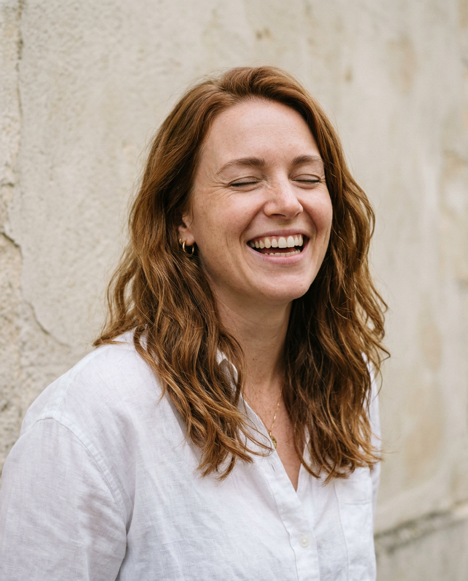 Woman with auburn hair laughing with a bright, healthy smile