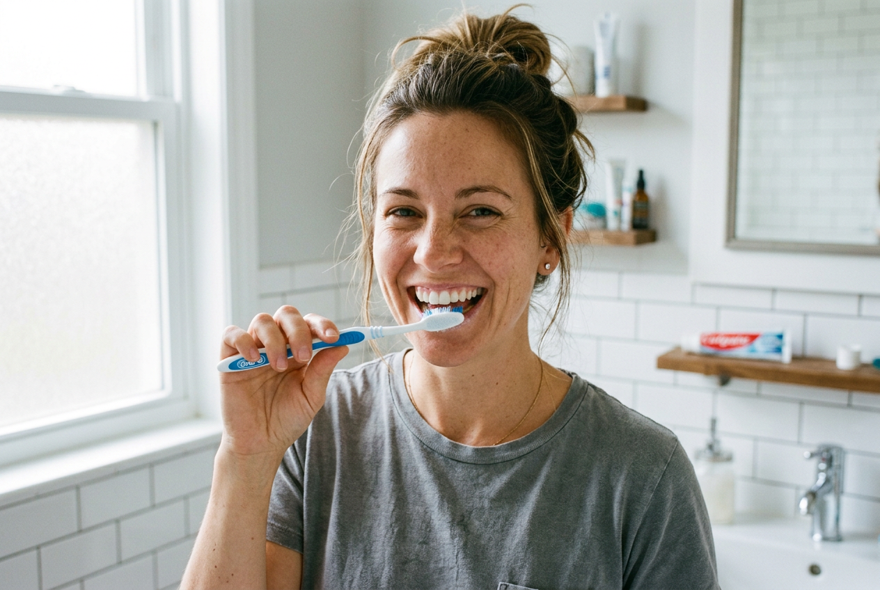 Woman smiling while brushing her teeth in a bright bathroom