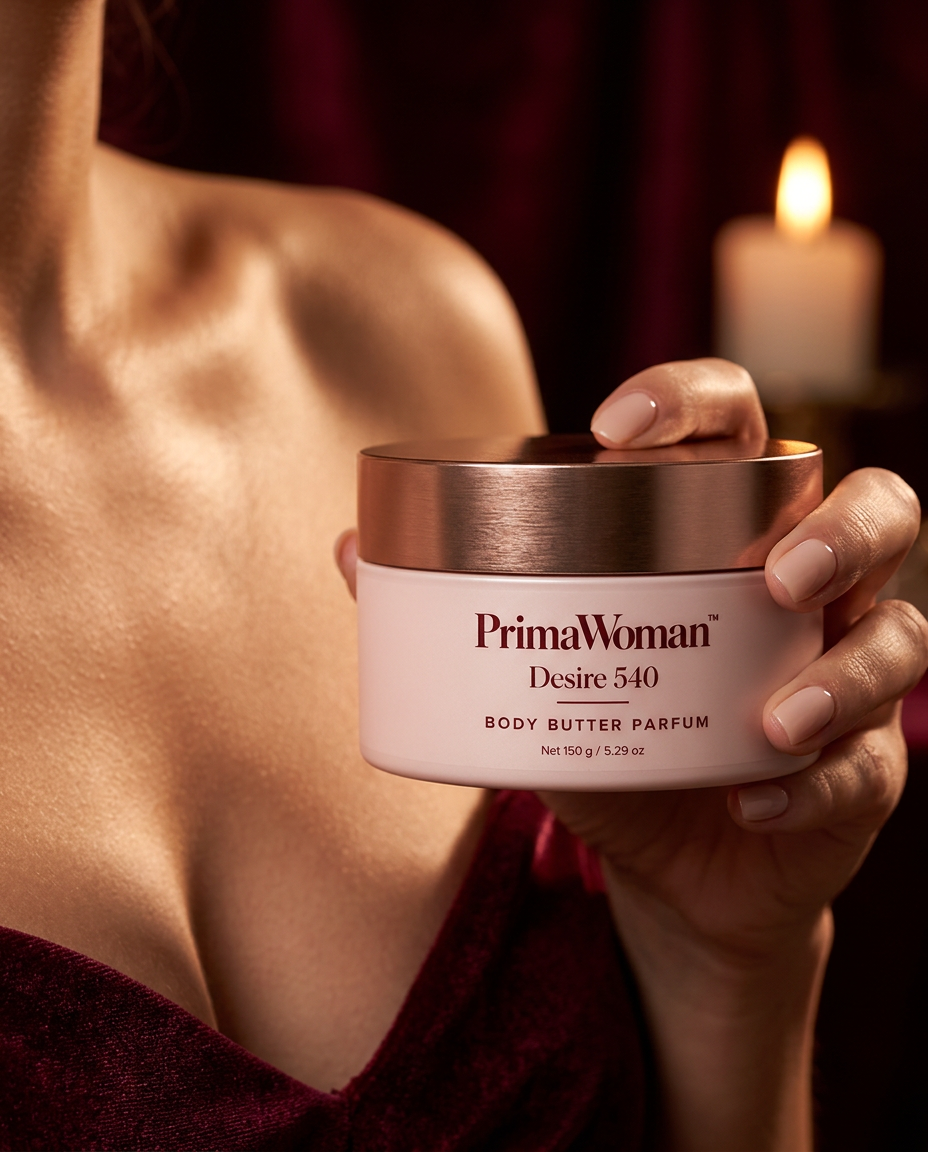 Woman holding a jar of PrimaWoman Desire 540 pheromone body butter parfum in candlelight