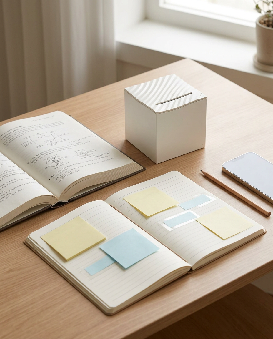 A nemonic printer on a study desk next to an open notebook with pastel sticky notes