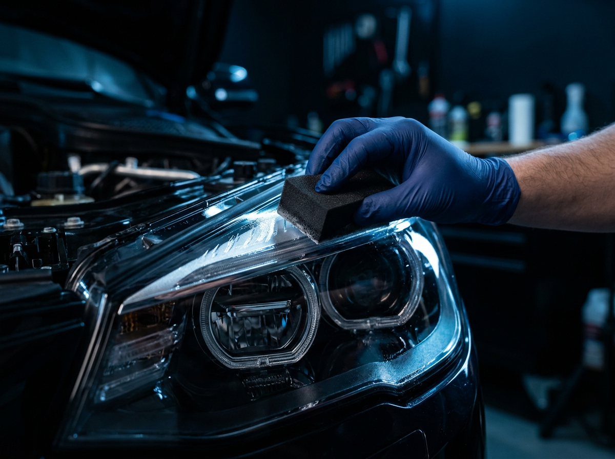 Foam sponge applying a glossy UV coating to a clear headlight