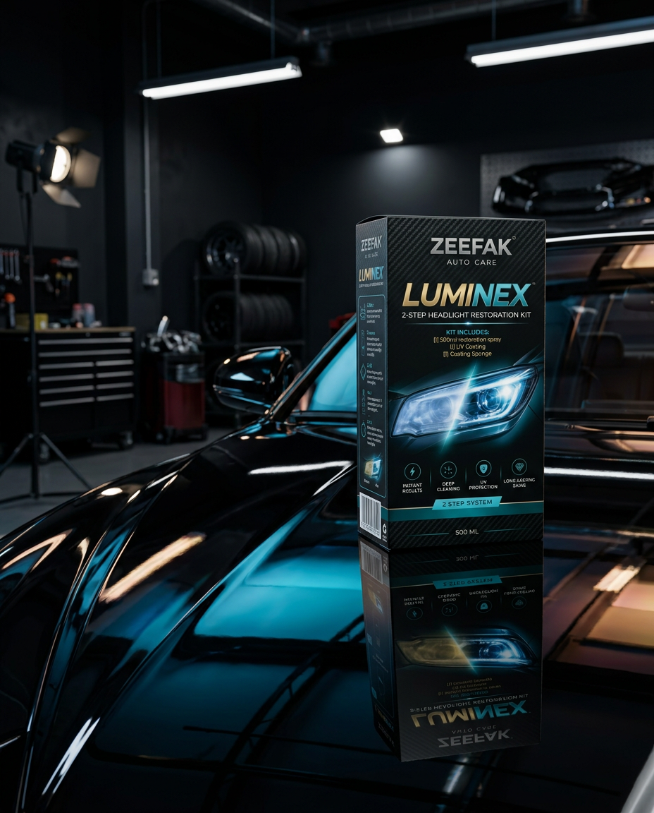 Luminex kit box on the hood of a black car with glowing headlight