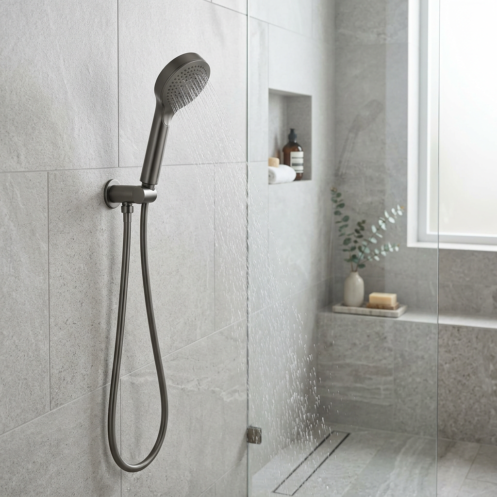 Filtered showerhead installed in a minimal stone bathroom