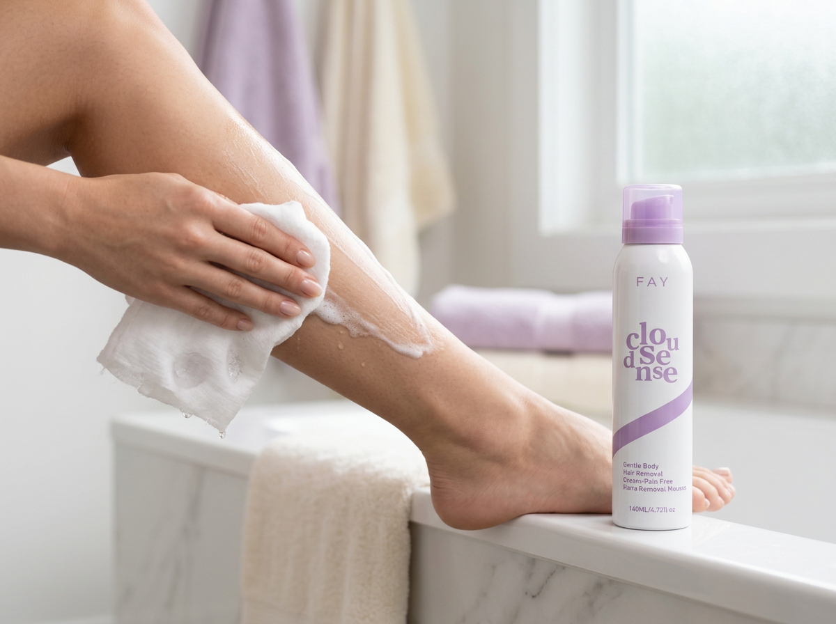 A smooth shin being wiped clean with a soft cloth after using FAY mousse
