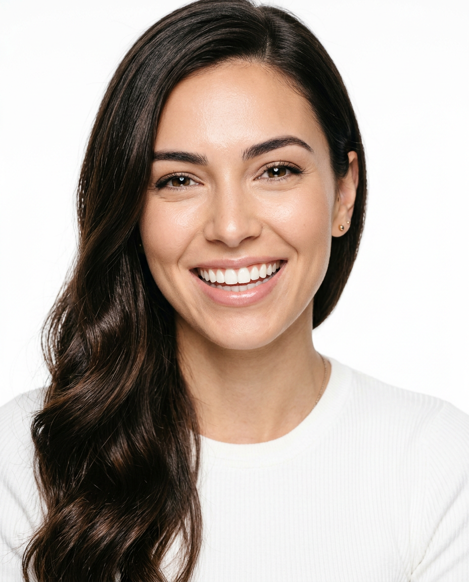 Studio portrait of a smiling woman with long dark hair and a bright, healthy smile