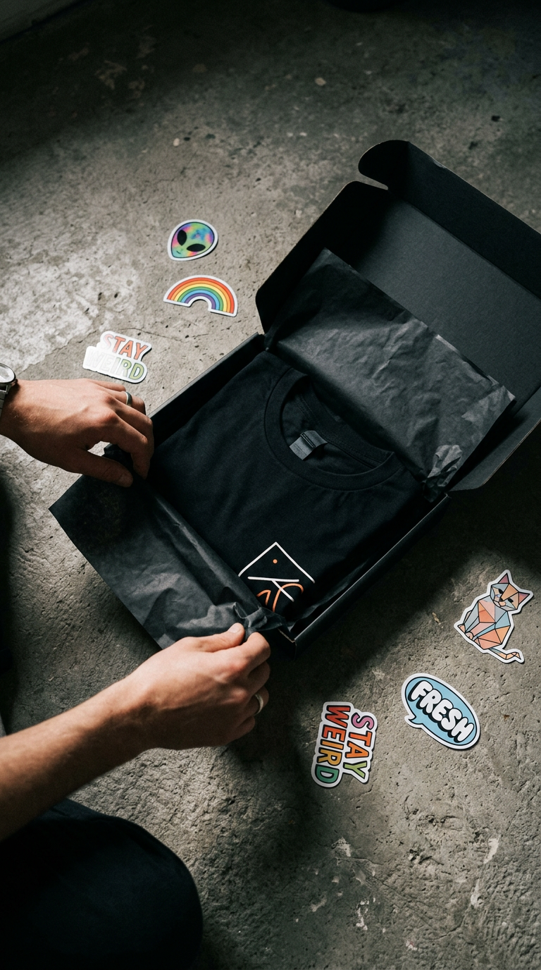 Hands unboxing a folded Odd’ens tee from black packaging