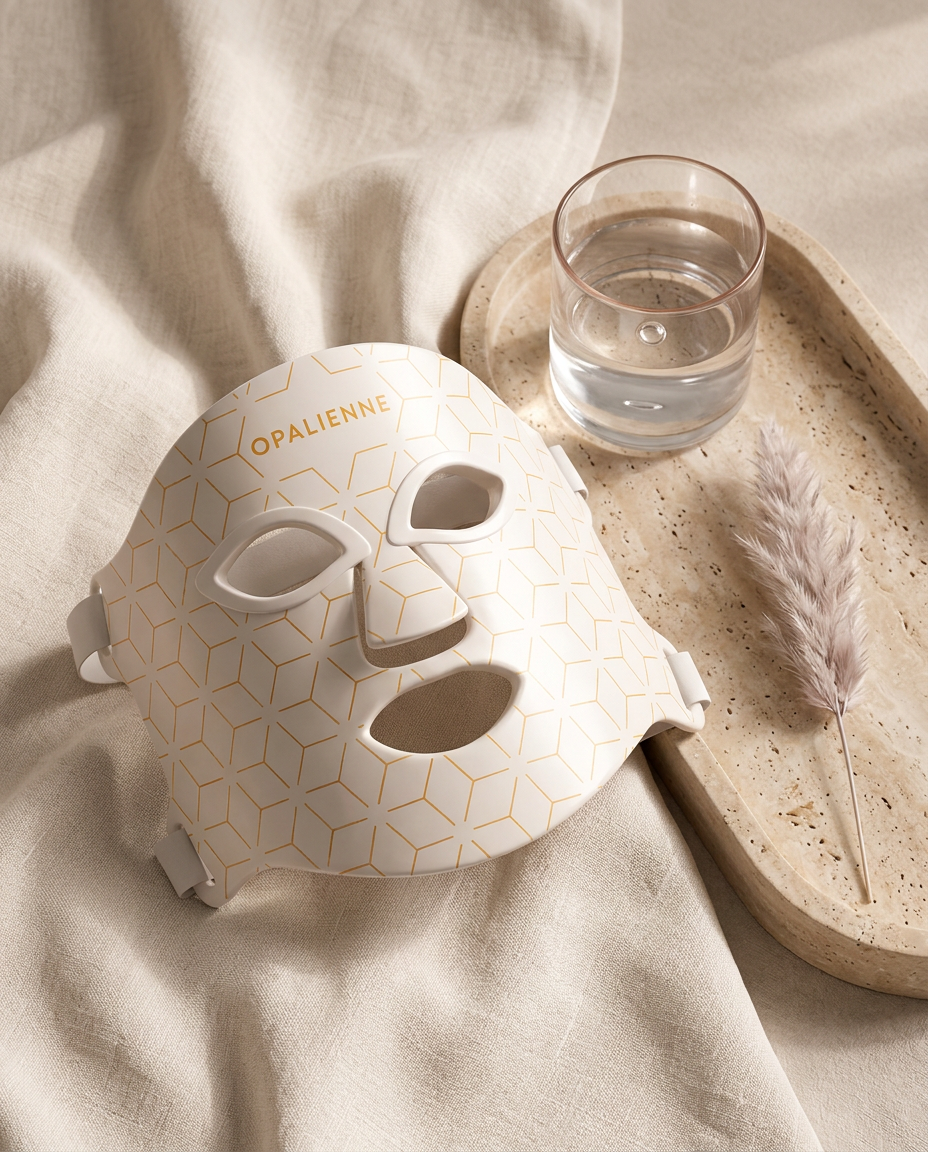The ivory Opalienne LED mask resting on cream linen beside a travertine tray and a glass of water